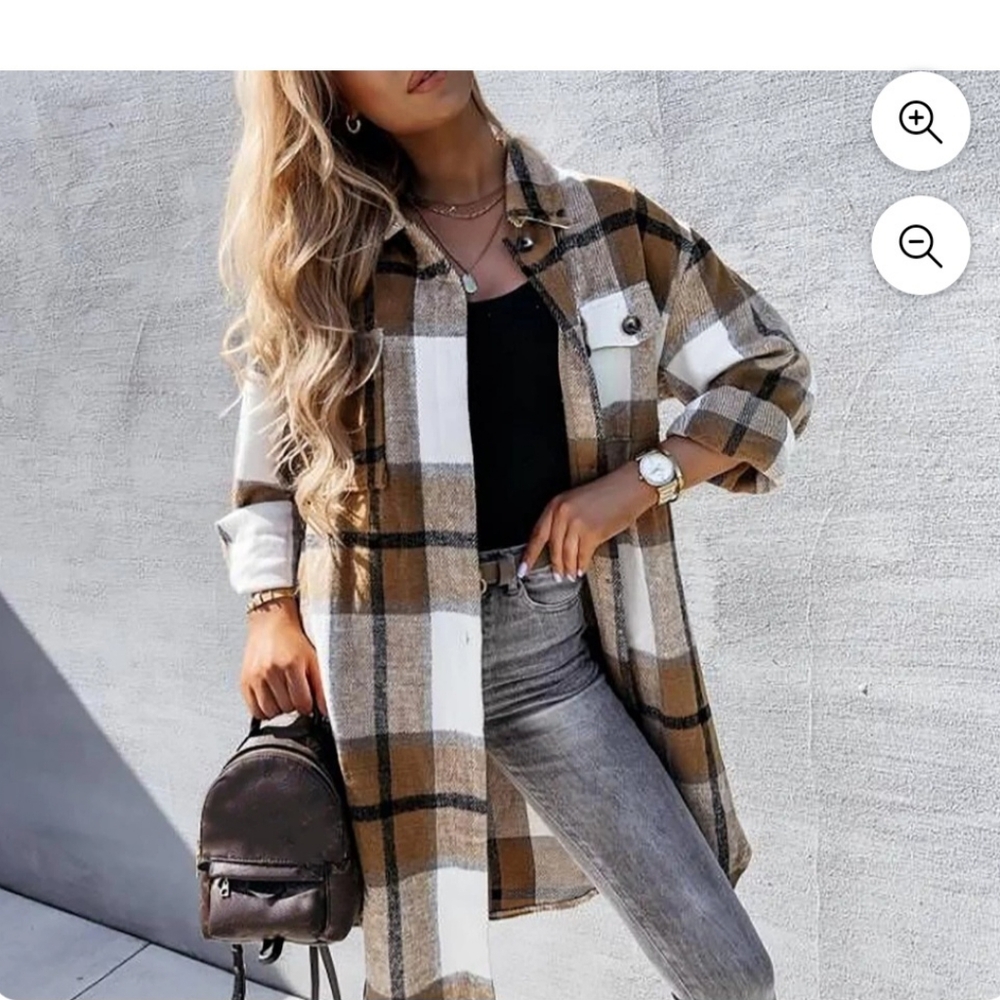 Womens Lapel Flannel Plaid Button Down Pocketed XL Coat